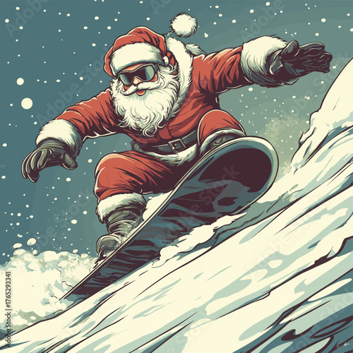 santa claus extreme down the mountain on a snowboard   , vector style simple color