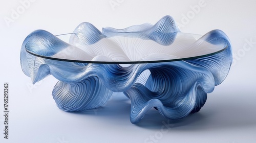 A glass table is supported by twisting water, with water splashing up from the surface. AI.