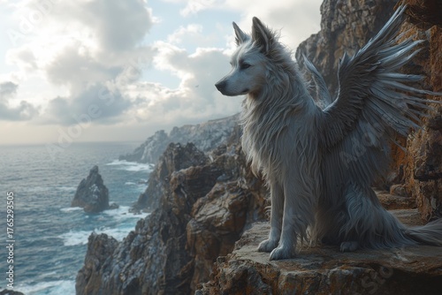 The fluffy dog sits on the rock. The background shows the sky and clouds. AI.