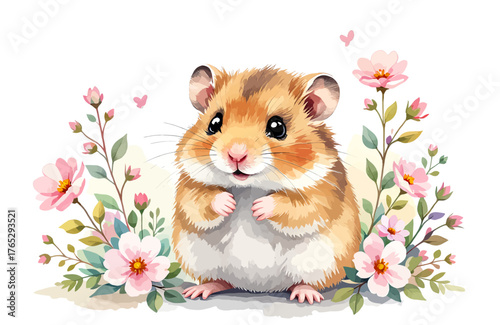 Cute hamster surrounded by pink flowers, soft watercolor style, isolated on white