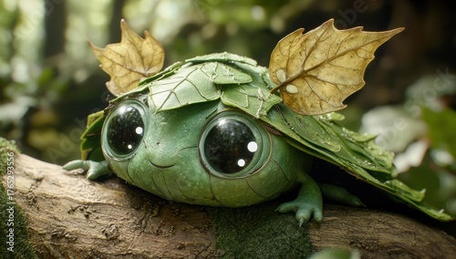 A small, yellow creature with wings and big eyes floats in a dark space. AI.