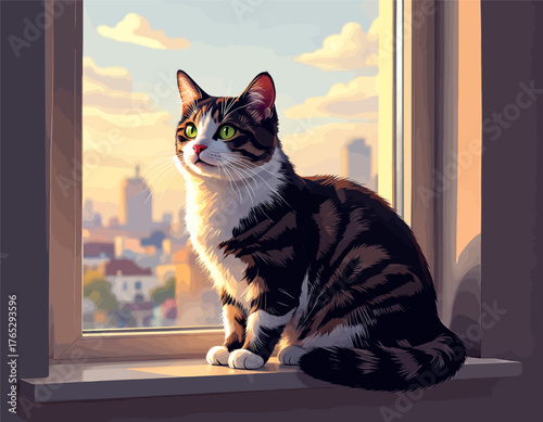 Cute tabby cat sitting by window overlooking cityscape at sunset