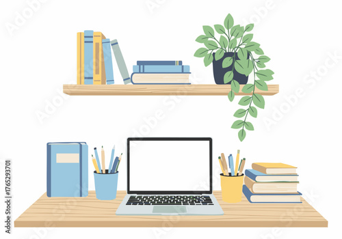 A digital illustration of a home office setup with a laptop, books, and plants.