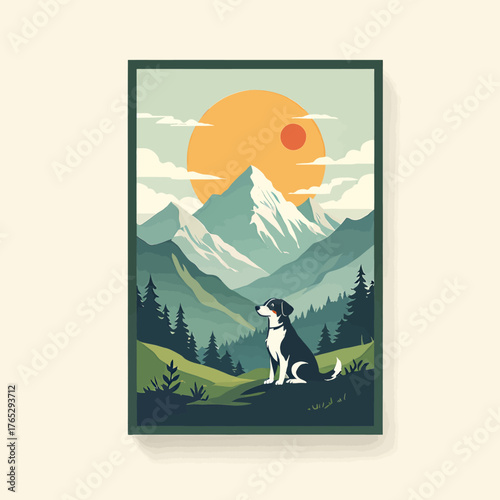 Dog sitting on hillside overlooking mountains at sunset, minimalist vector art, peaceful nature scene