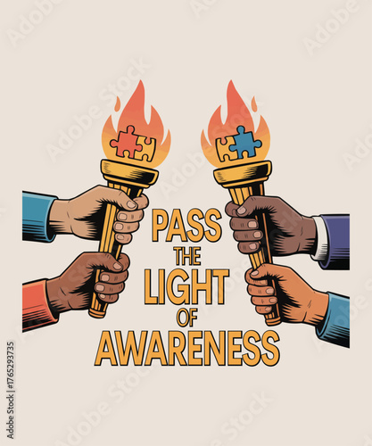 Hands holding flaming torches with puzzle pieces passing the light of awareness