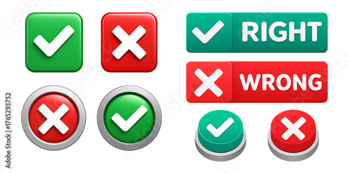 Free Download 3D check and cross mark button set. Collection of green 'Right' and red 'Wrong' icons. Yes and No symbols for web and app - GFXLoad