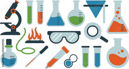 Colorful Flat Illustration of Common Laboratory Equipment for Science, Research, and Education