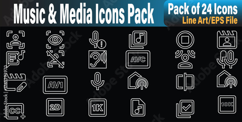 Music and Media editable Icon Pack,  Comprehensive featuring audio-visual controls, display options e.g 2D, 1K, 10K, features like closed captioning, and various content formats e.g AVC, AV1