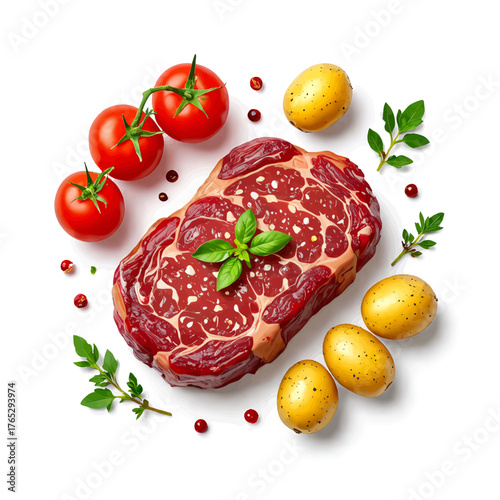 Fresh beef steak with tomatoes potatoes herbs, flat lay food composition, isolated on white