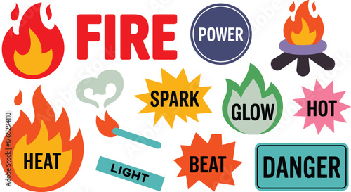 Colorful Illustration Featuring Fire, Heat, Power, Spark, Glow, Danger, and Other Related Words