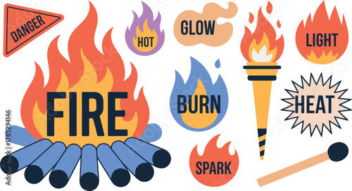 Colorful Illustration Fire, Hot, Light, Burn, Spark, Danger Sign, Torch, Matchstick, Glow and Heat Elements