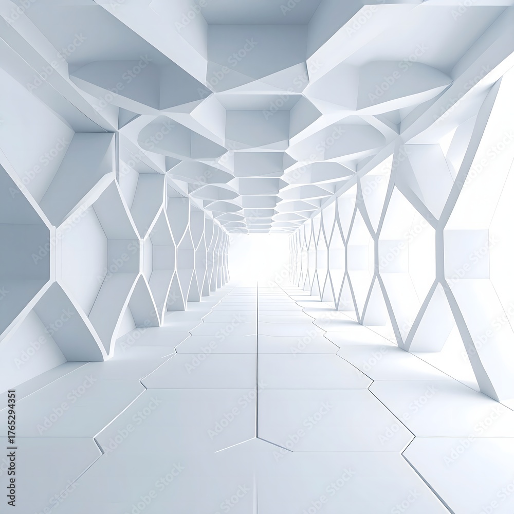 Obraz premium Abstract white corridor stretches into the distance with geometric patterns creating a modern and futuristic atmosphere in a bright, clean space.