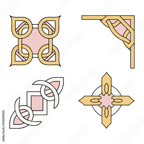 Celtic Knot and Frame Corner Design Set in Gold and Pink