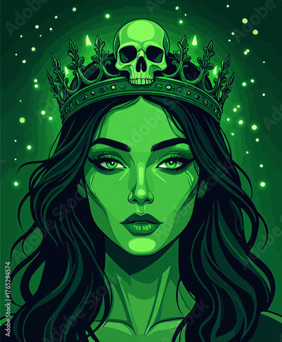 Green-skinned queen with skull crown, fantasy portrait, glowing green background