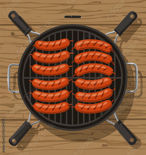 Grilled sausages on barbecue grill, cartoon food illustration, wooden background