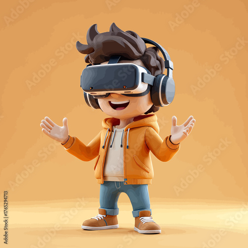 Happy boy wearing VR headset, cartoon style, immersive gaming experience, isolated on warm background