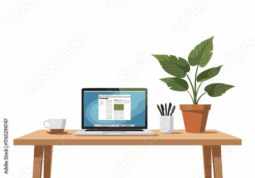 A laptop computer sits on a wooden desk, next to a potted plant, and a cup.