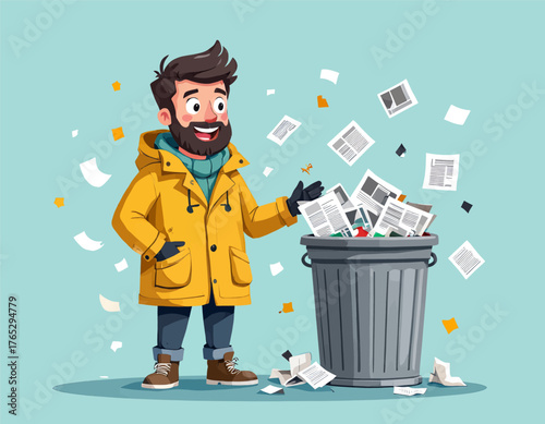 Happy man throwing papers into trash bin, cheerful cleanup moment, cartoon style