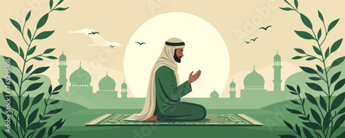 Man praying in green robe with mosque backdrop, peaceful Islamic prayer scene, flat vector illustration