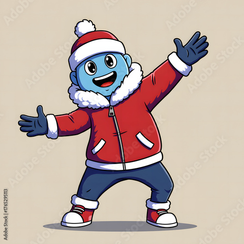 Cartoon character wearing winter clothes with open arms