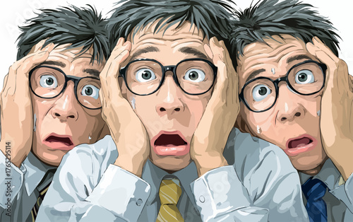 Three stressed businessmen in glasses with hands on their heads express shock and panic.