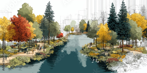 A picturesque autumn landscape illustration featuring a serene river winding through vibrant trees and lush greenery.