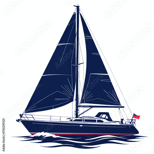 Minimalist sailboat with full sails on calm waters, isolated vector illustration