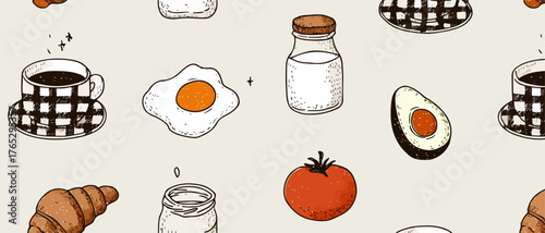 A delightful hand-drawn pattern featuring breakfast items like coffee, eggs, croissants, and avocado.