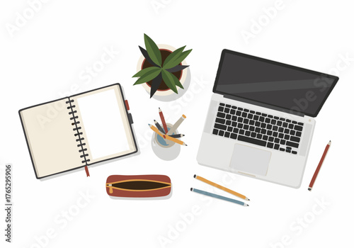 Top-down view of a desk setup with a laptop, open notebook, plant, pencils, and pencil case, creating a workspace or study environment.