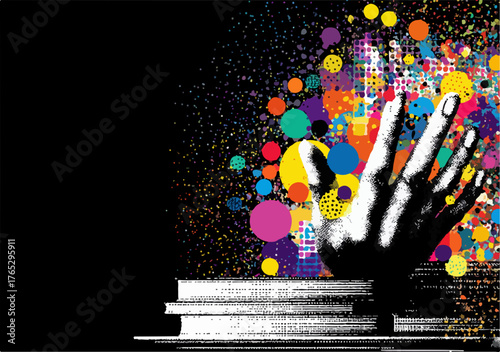 Creative explosion of colors and ideas emerges from an open hand over stacked books.