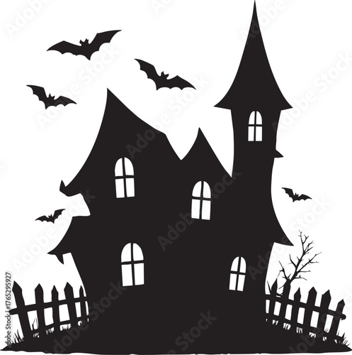 Silhouette of a spooky haunted house with bats flying around, isolated on white background