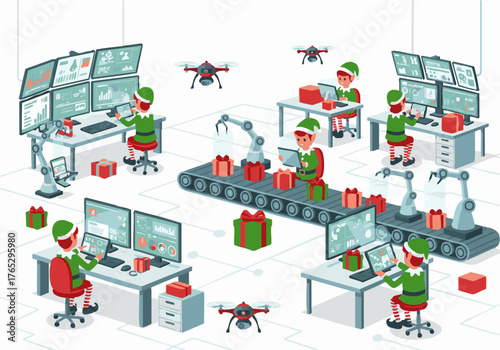 Elves managing a high-tech Christmas gift production facility with automated processes and drones.