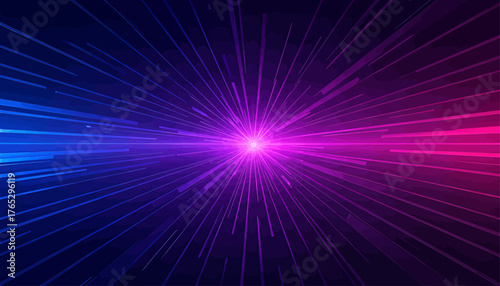 Radiant purple and blue light burst with streaking rays, futuristic digital background