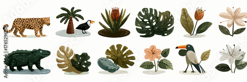 A collection of colorful jungle elements including animals and tropical plants in a flat design style.
