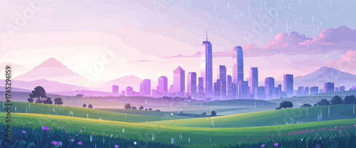Rainy landscape with city skyline at dusk, vibrant pastel colors, serene countryside view