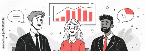 Diverse business professionals collaborate discussing growth charts and strategy in a modern office setting.