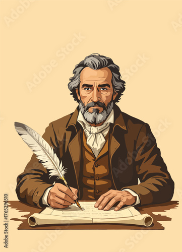Serious historian writing with quill pen on parchment scroll, vintage scholarly portrait