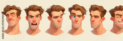 A stylized illustration showcasing a male character's diverse facial expressions and emotions.