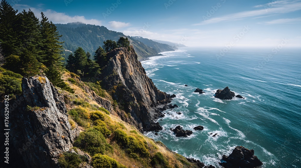 Fototapeta premium Majestic cliff offering panoramic view of the ocean below with expansive horizon and clear sky