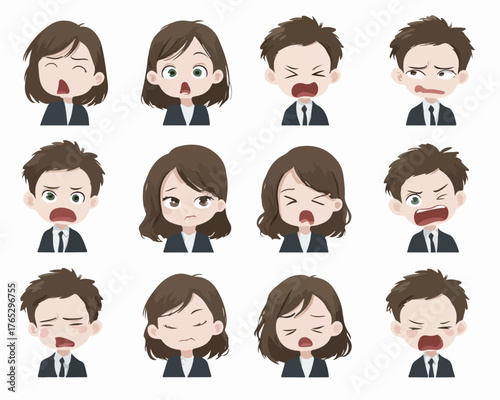 Collection of diverse cartoon faces expressing various emotions like surprise, anger, and sadness.