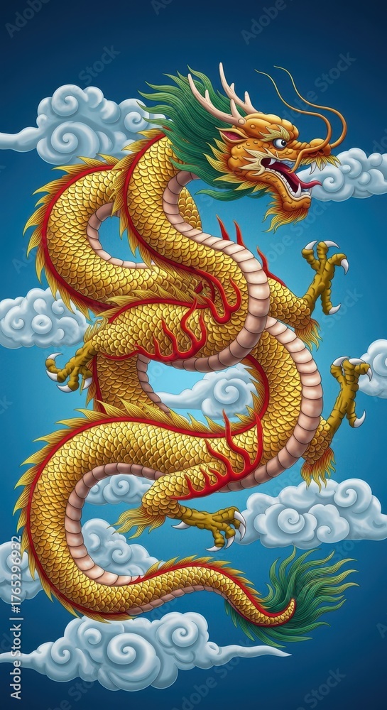 Obraz premium Magnificent golden serpent creature spirals dynamically through a vibrant blue sky surrounded by stylized white clouds