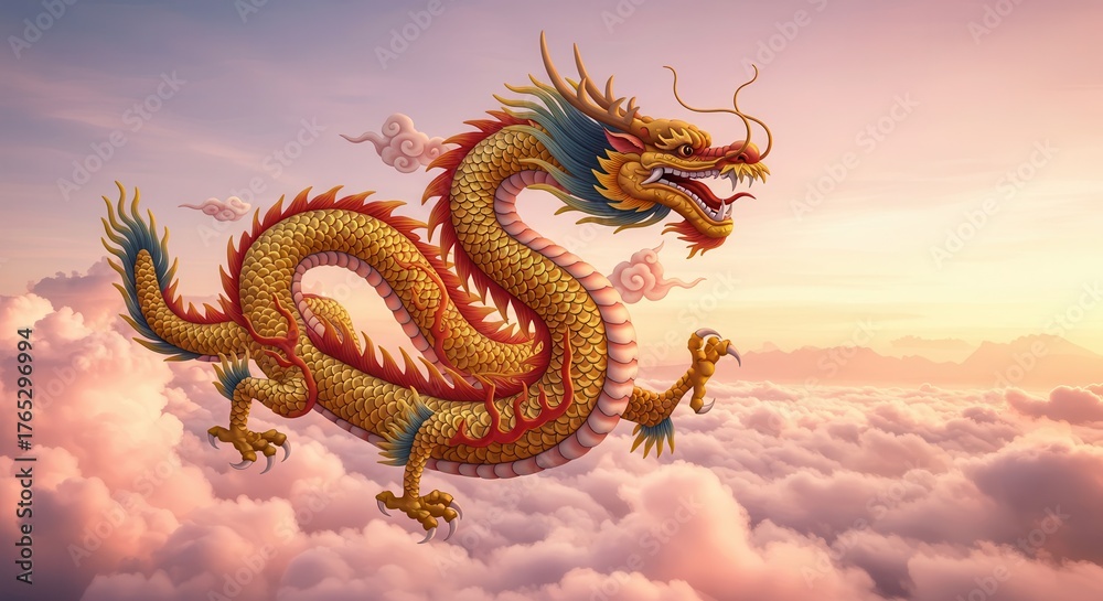 Fototapeta premium Majestic golden serpentine creature soars through ethereal sunset clouds