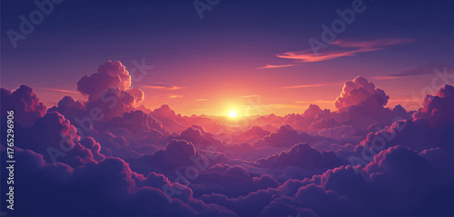 Sunrise over fluffy cloudscape, vibrant purple and pink sky, serene aerial view