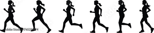 Running silhouette sequence, female athlete motion, stride phase illustration, ponytail runner icon, sports biomechanics graphic, black and white vector, fitness movement design