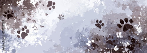 Vector art depicts paw prints scattered across a textured, abstract background in muted tones.