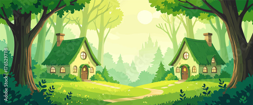 Two cozy cottage homes nestled in lush green forest clearing