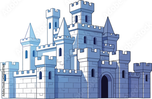 Majestic cartoon castle with towers and turrets against a white background