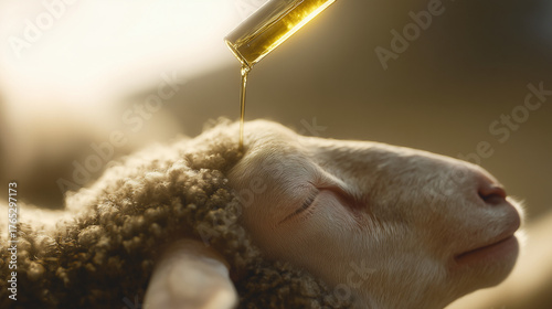 Sacred Oil of Blessing: Capturing a moment of reverence and serenity, a gentle sheep receives a divine anointing. A symbol of peace, purity and spiritual grace.