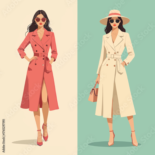 Two stylish women wearing trench coats, fashion illustration, isolated on color backgrounds