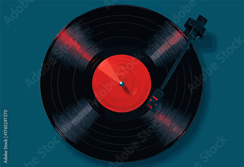 Vinyl record spinning on turntable, red label, minimalist design, isolated